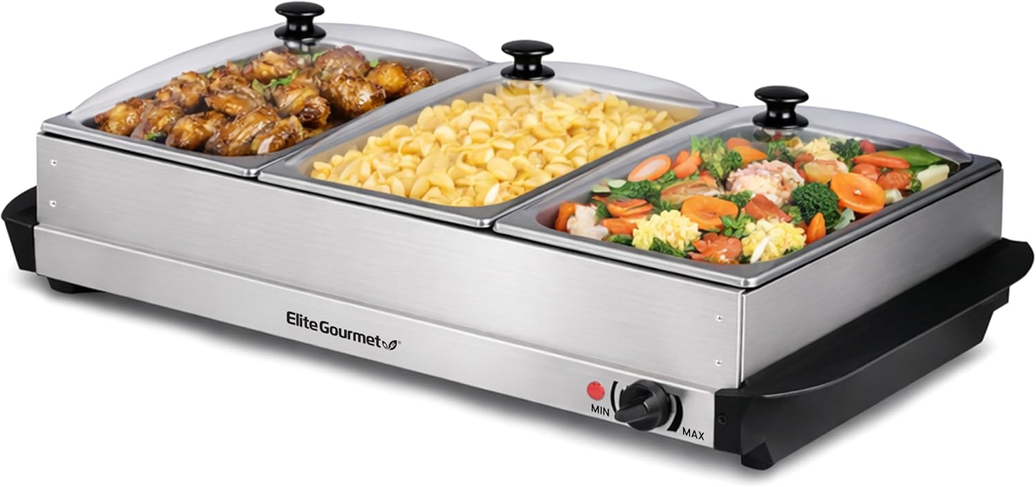 Triple 3 x 2.5 Qt. Trays, Buffet Server, Food Warmer Temperature Control, Clear Slotted Lids, Perfect for Parties, Entertaining & Holidays, 7.5 Qt Total, Stainless Steel