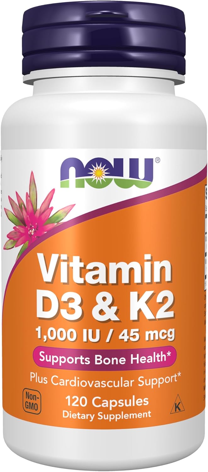 NOW Supplements, Vitamin D-3 & K-2, 1,000 IU/45 mcg,Plus Cardiovascular Support*, Supports Bone Health*, 120 veg Capsules