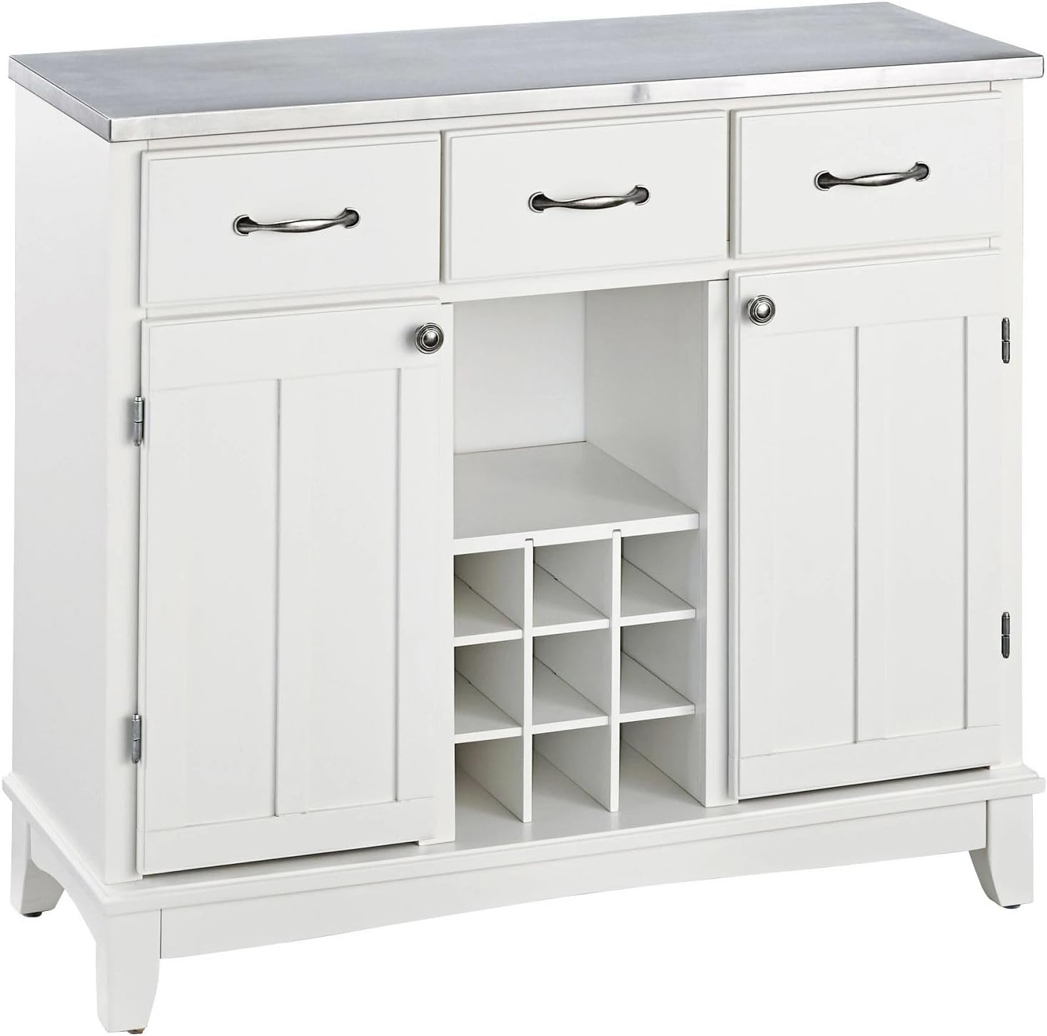 Homestyles Buffet of Buffets Server,Off-White Cabinet Stainless Steel Top, Sideboard Storage Options, Drawers, Removable Wine Storage, Coffee Bar for Kitchen, Dining Room, Entryway, Living Room
