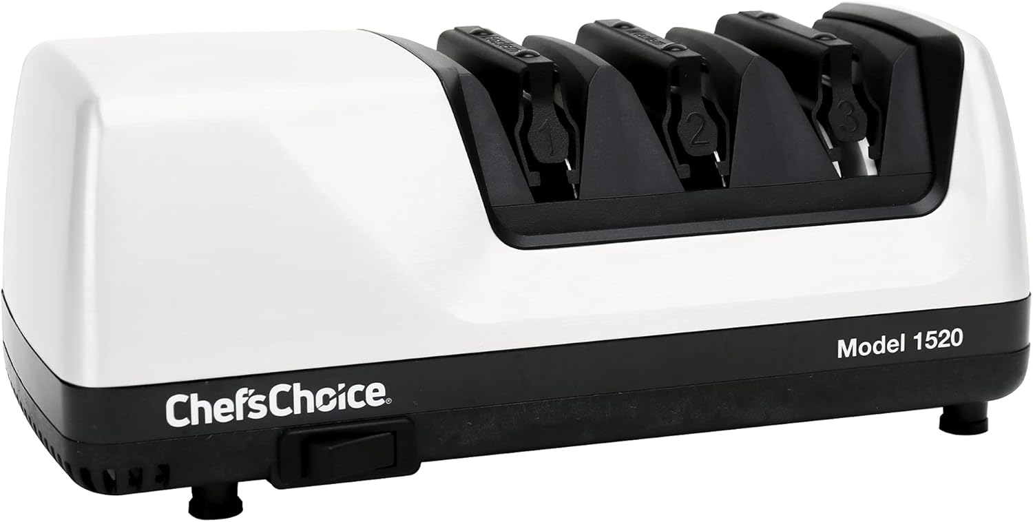 Chef’s Choice Professional Electric Knife Sharpeners for 15- and 20-Degree Straight-Edge and Serrated Knives with Diamond Abrasives & Precision Angle Control, 3-Stage, White
