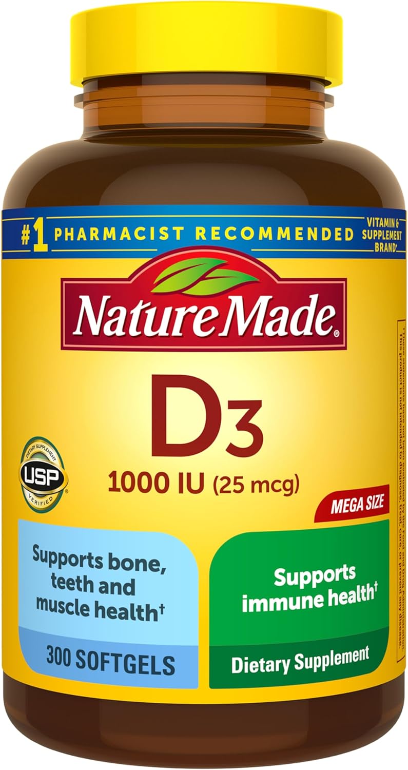 Vitamin D3 1000 IU (25 mcg), Vitamin D Supplement for Bone, Teeth, Muscle and Immune Health Support, 300 Softgels, 300 Day Supply