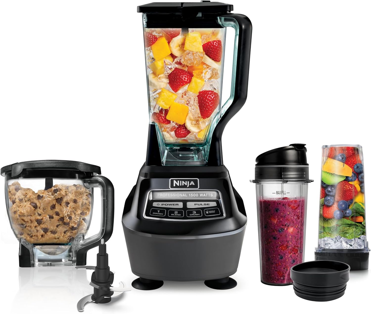 All-in-One Food Processor & Blender for Smoothies | Includes Pitcher, (2) 16 oz. To-Go Cups & 8-Cup Bowl | Makes Salsa, Dough, Shakes, & Frozen Drinks | 1500W | Black | BL770
