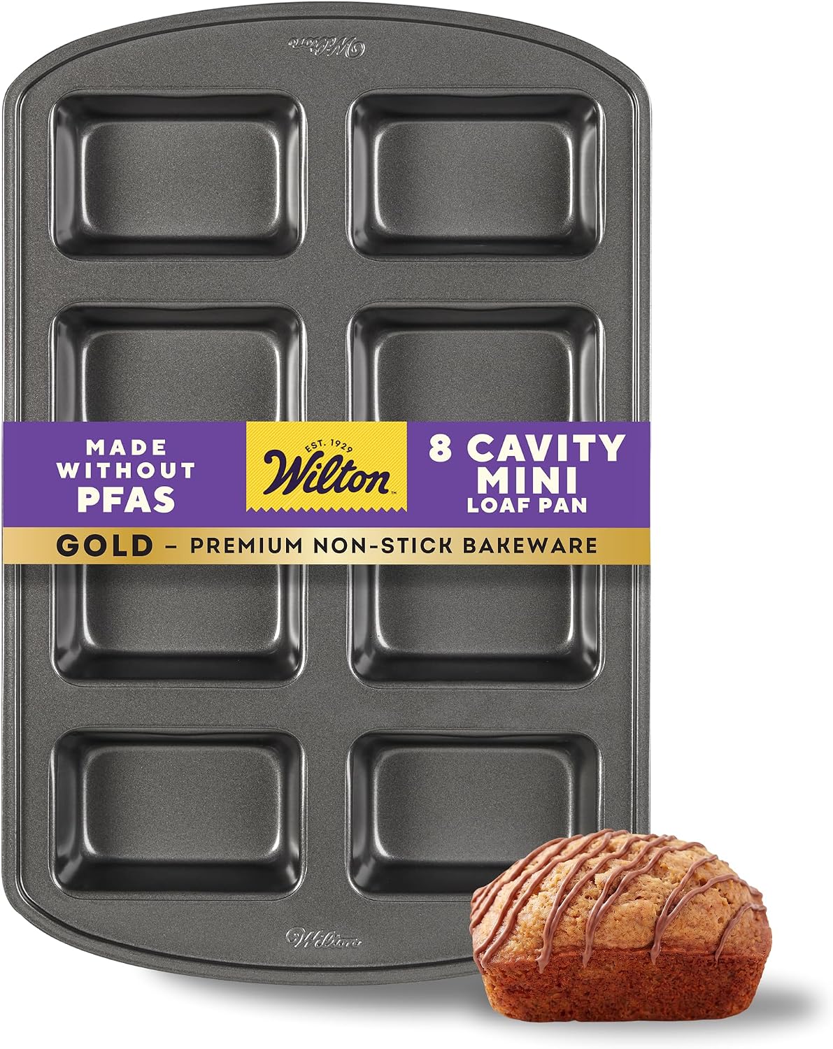 Wilton Gold Non-Stick Bakeware Mini Loaf - Baking Pan for Mini Banana Breads, Cakes & More - Made Without PFAS - Offers Even Heat Distribution & Hassle-Free Cleaning - 15 x 10 x 1.6 Inch, 8 Cavity