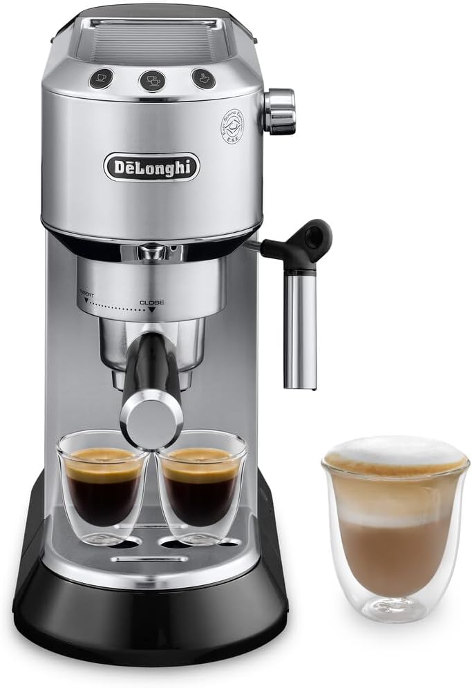 De’Longhi Dedica Espresso Machine with Manual Milk Frother, 15-Bar Pump & Adjustable Tray - Home Barista Coffee Maker for Espresso, Latte, Cappuccino & Iced Coffee - Italian Stainless Steel Design
