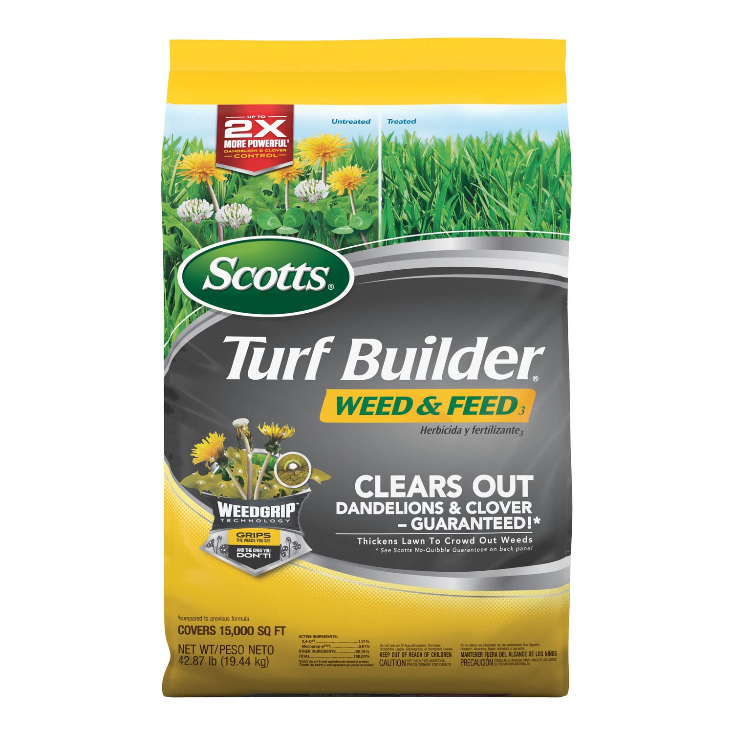 Turf Builder Weed and Feed3 - Weed Killer Plus Lawn Fertilizer, Controls Dandelion and Clover, Grass Fertilizer For Up To 15,000 sq. ft., 42.87 lbs.
