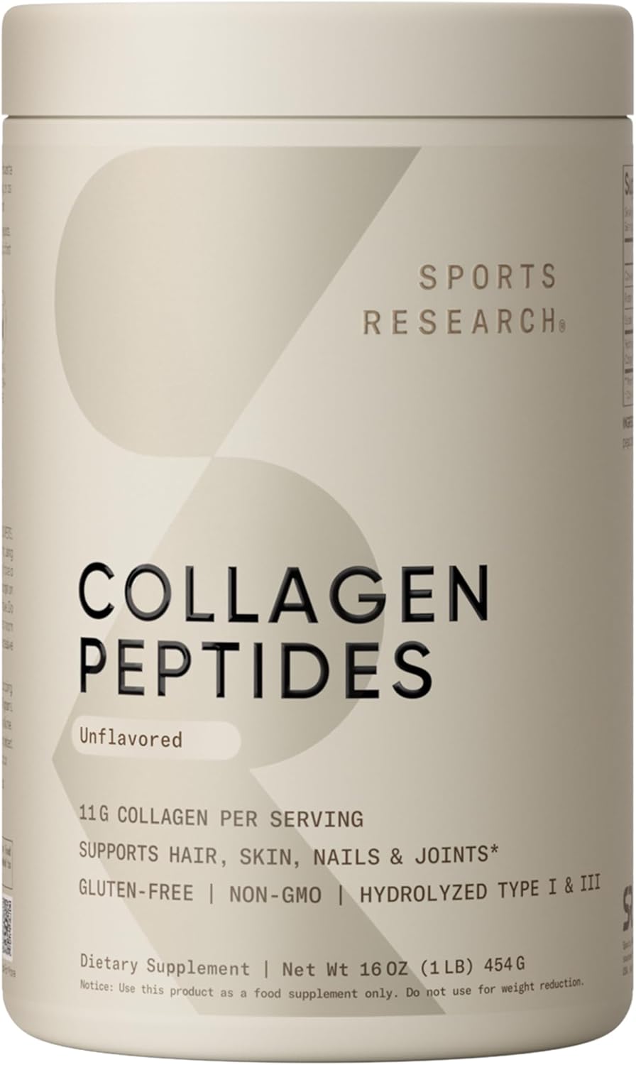 Sports Research Collagen Peptides - Hydrolyzed Type 1 & 3 Collagen Powder Protein Supplement for Healthy Skin, Nails, & Joints - Easy Mixing Vital Nutrients & Proteins, Collagen for Women & Men