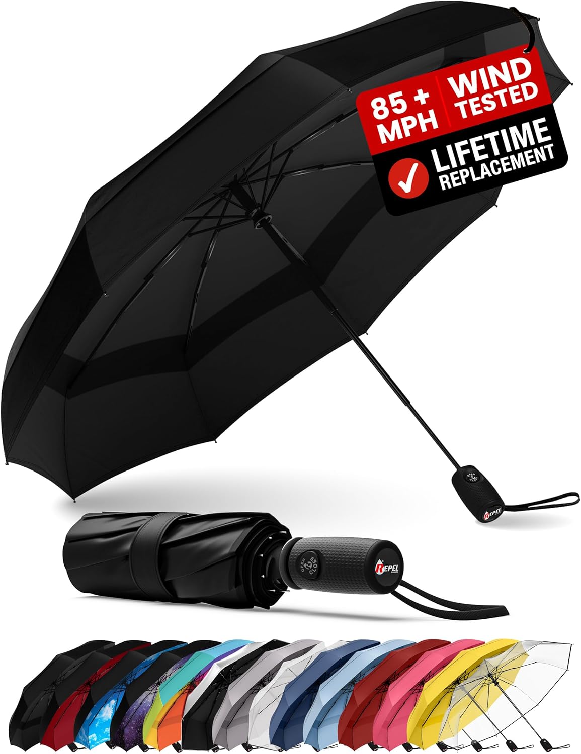 REPEL Windproof Travel Umbrella - Compact & Withstands Winds up to 85MPH , Strongest Premium Auto Folding Umbrella for Rain and Sun - Durable, Light & Portable for Women & Men , Fits Backpack & Cars