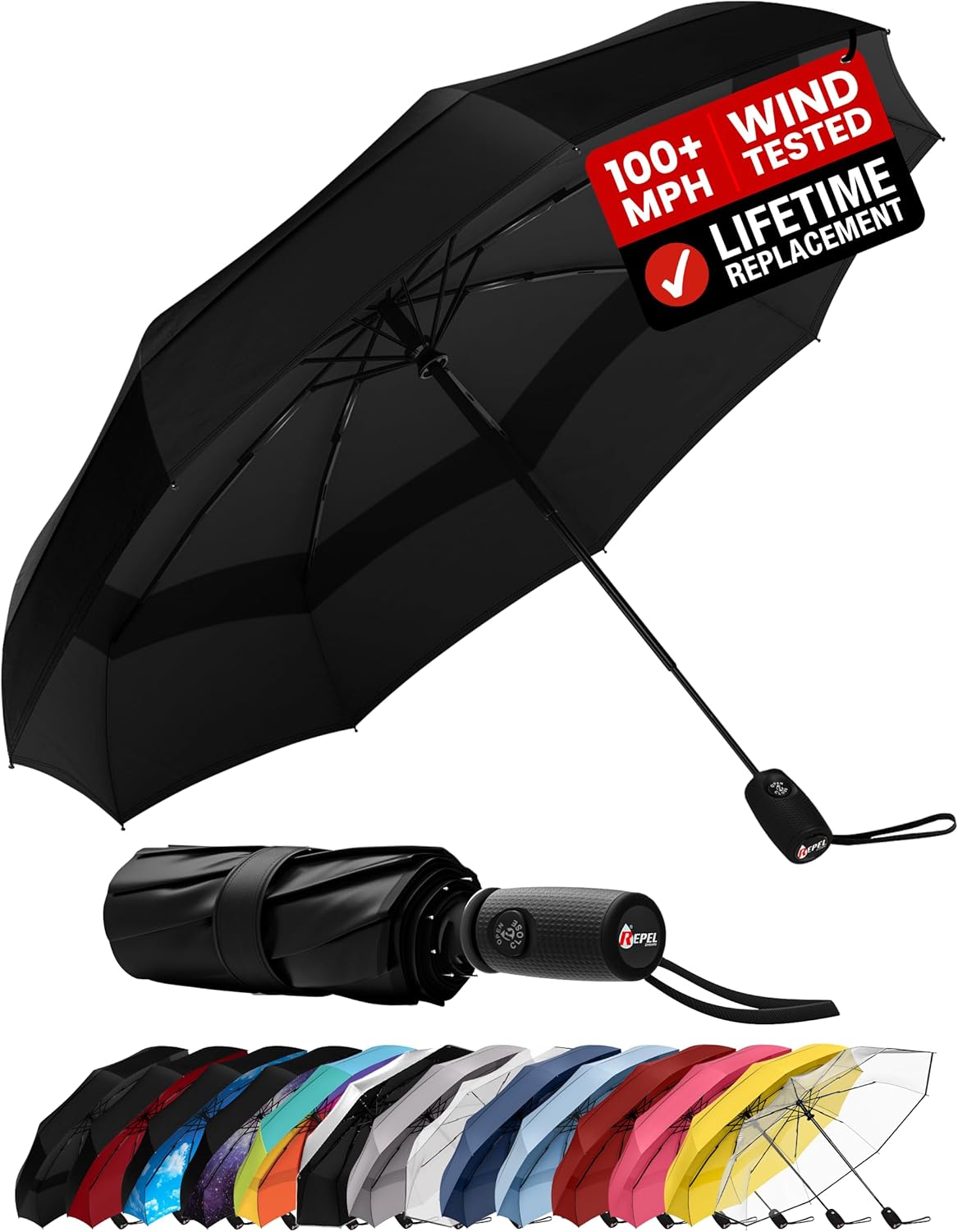 Repel Windproof Travel Umbrella - Compact & Withstands Winds up to 100MPH, Strongest Premium Auto Folding Umbrella for Rain and Sun - Durable, Light & Portable for Women & Men, Fits Backpack & Cars