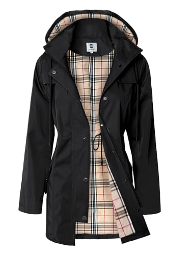 SaphiRose Women's Long Hooded Rain Jacket Outdoor Raincoat Black L