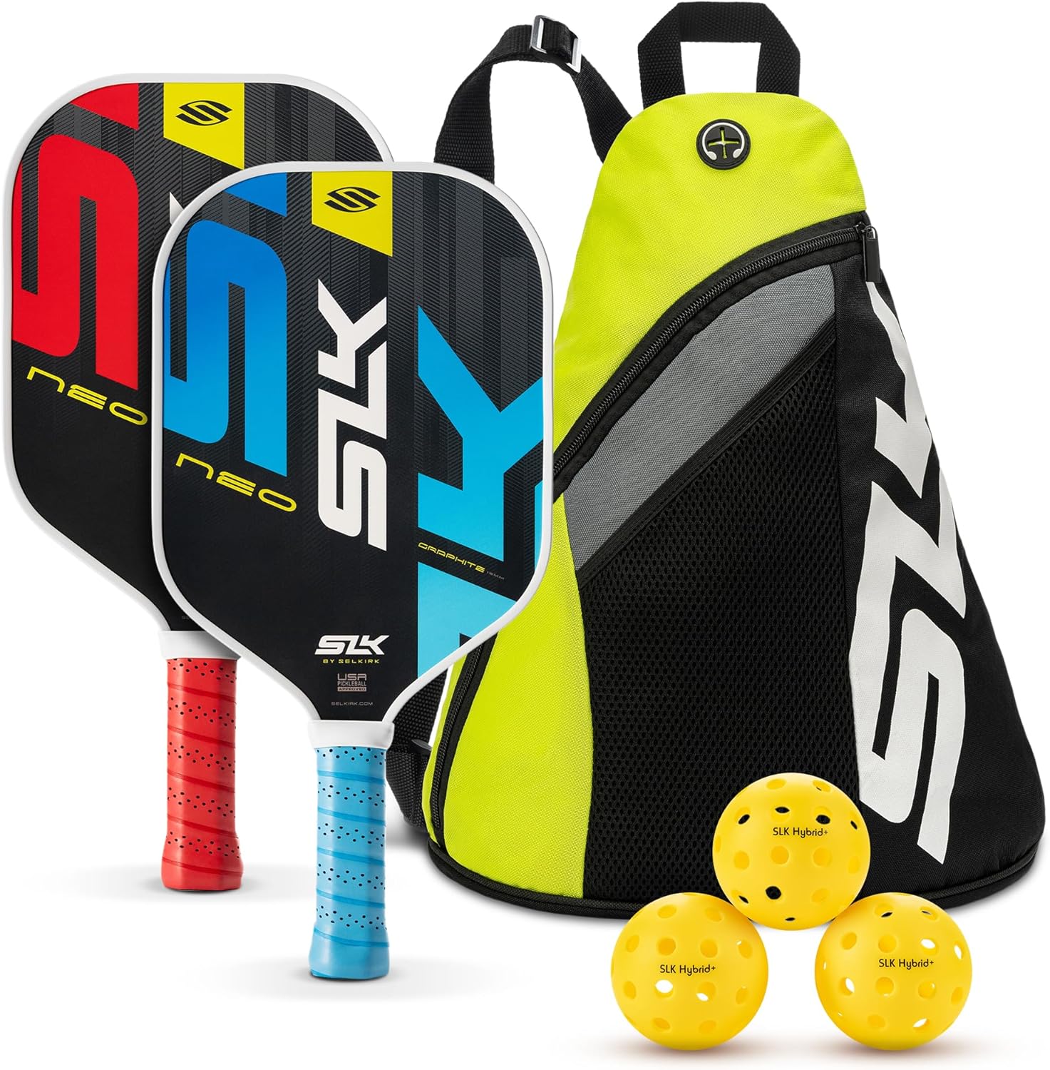 SLK Neo Graphite Pickleball Paddles Set of 2 | Designed in The USA | Complete Pickleball Set with 2 Pickle Ball Rackets, 3 Hybrid+ Balls, and SLK Sling Bag | Red & Blue