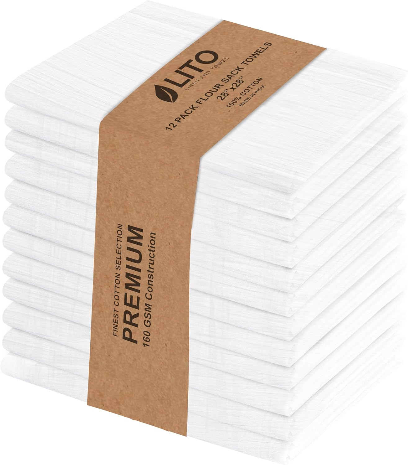 LITO LINEN AND TOWEL Flour Sack Towels – 100% Cotton, 28x28 Inches, Highly Absorbent, Embroidery-Ready Tea Towels for Kitchen & Crafts, Farmhouse Decor, Pack of 12 White