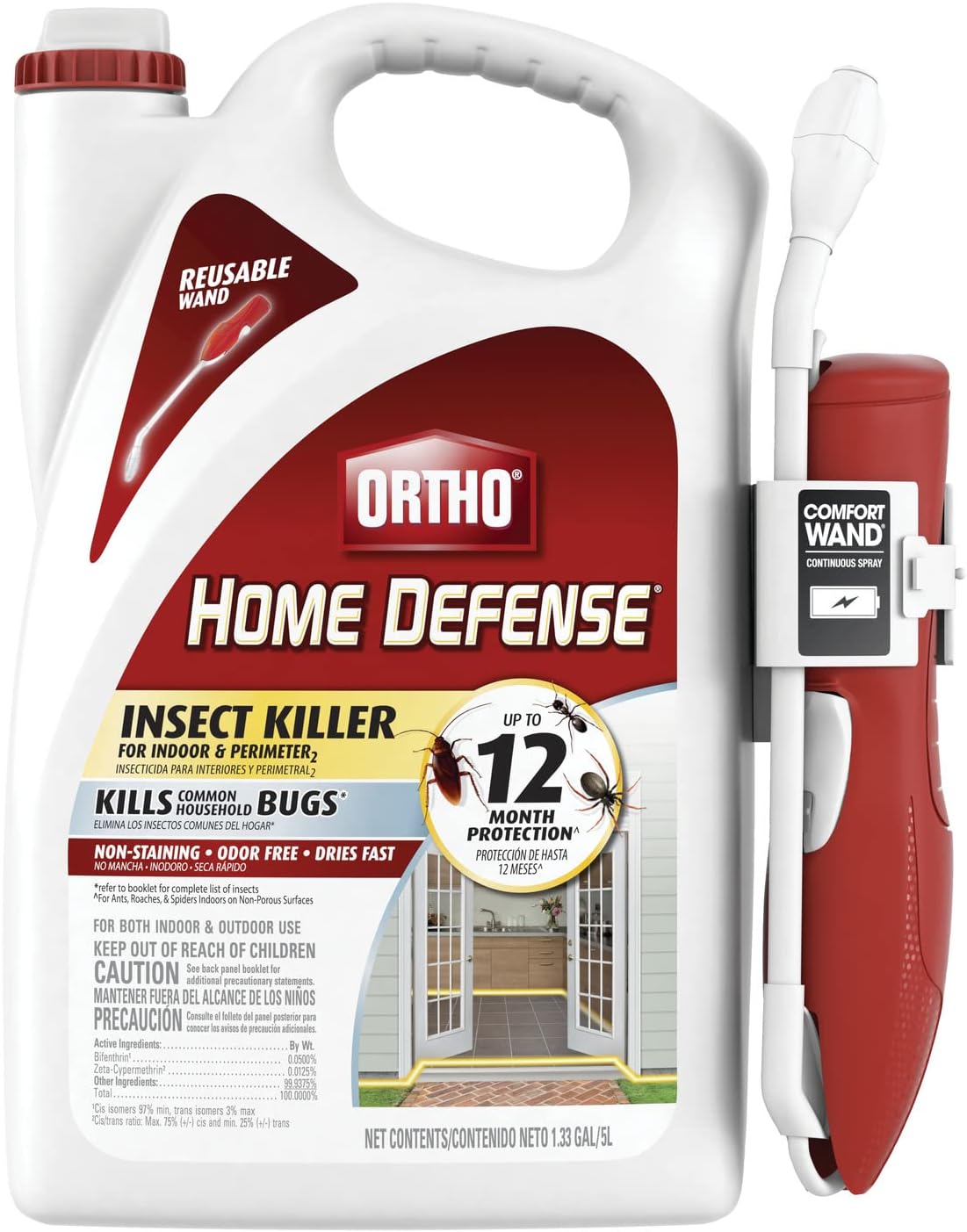 Ortho Home Defense Insect Killer for Indoor and Perimeter2 with Comfort Wand - Ready-To-Use Bug Spray, Kills Ants, Cockroaches & Spiders, 1.33 gal.