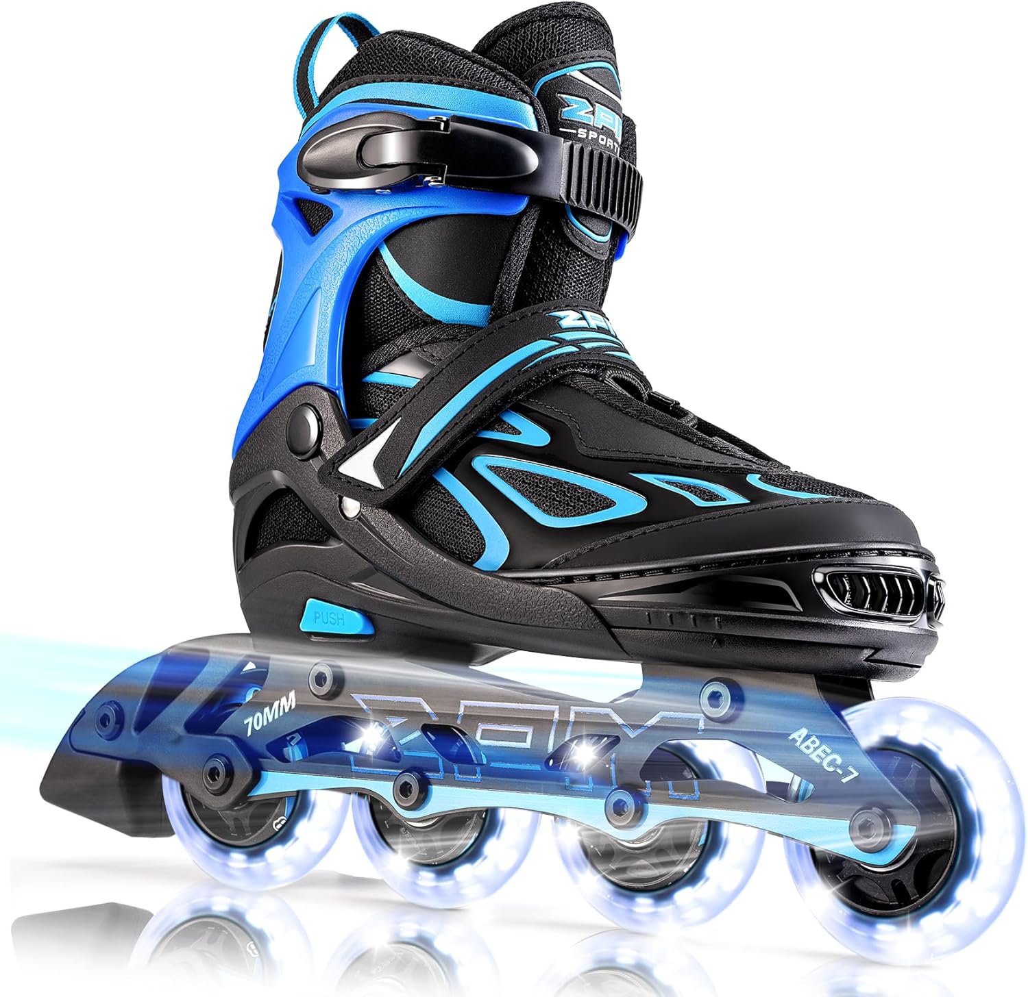 2PM Sports Vinal Boys and Girls Adjustable Flashing Inline Skates, All Wheels Light Up, Fun Illuminating Skates for Kids and Men- Azure Medium(1Y-4Y US)