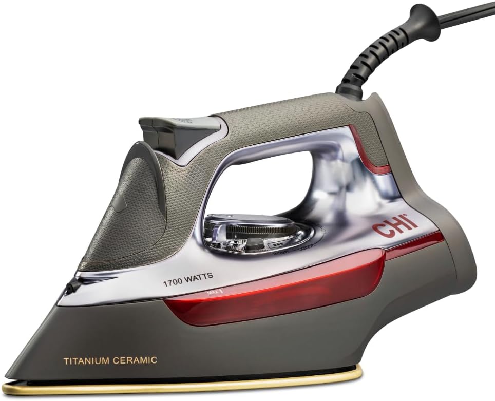 CHI Steam Iron for Clothes with 300+ Holes for Powerful Steam ing, Temperature Guide Dial, 1700 Watts, XL 10’ Cord, 3-Way Auto Shutoff, Titanium Infused Ceramic Soleplate, Silver (13101)