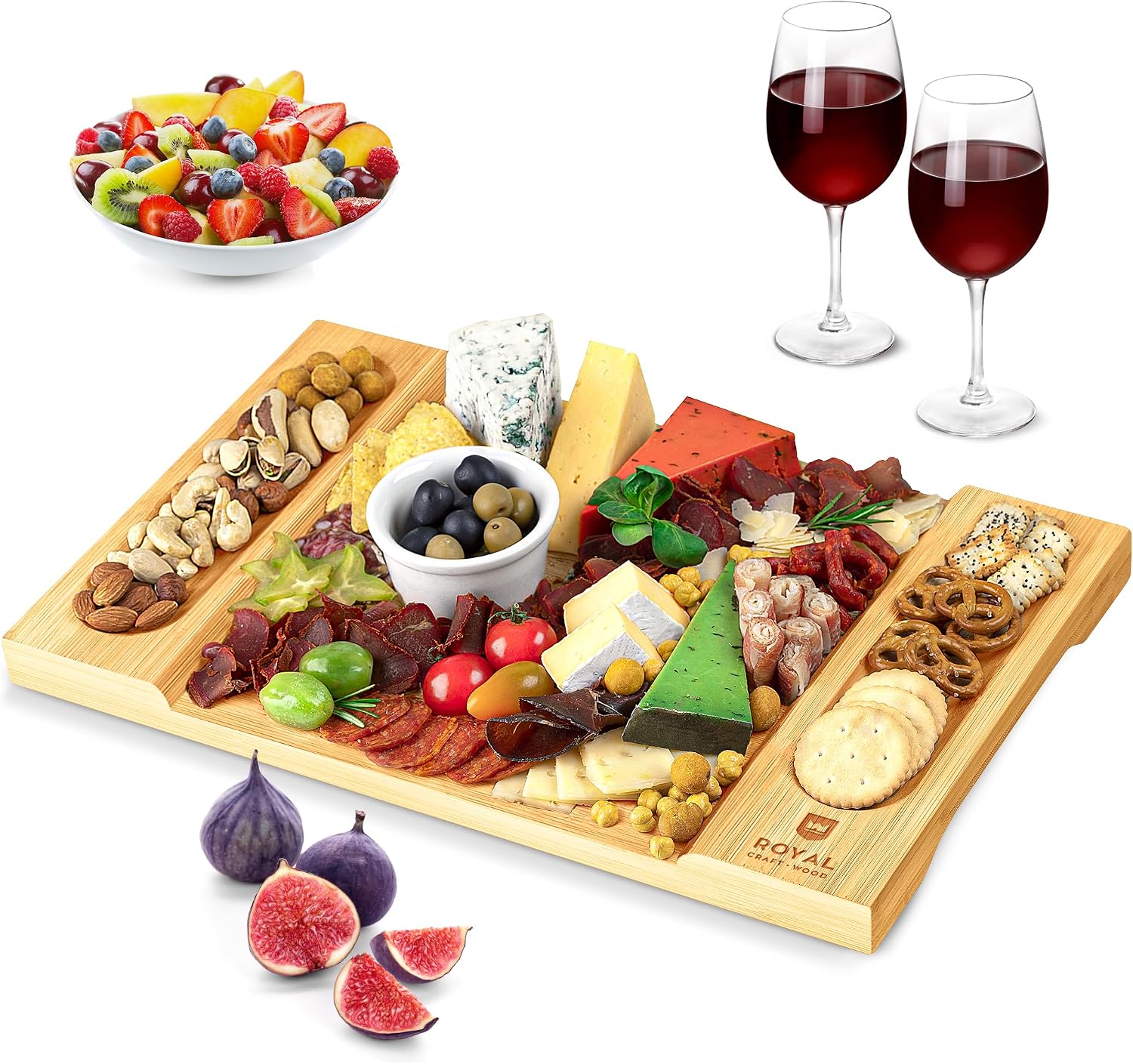 ROYAL CRAFT WOOD Charcuterie and Cheese Board - Large Bamboo Cheese Board - Serving Tray Platter - House Warming Gifts New Home, Birthday Gifts for Mom Dad Women Men - 15.5"x10"