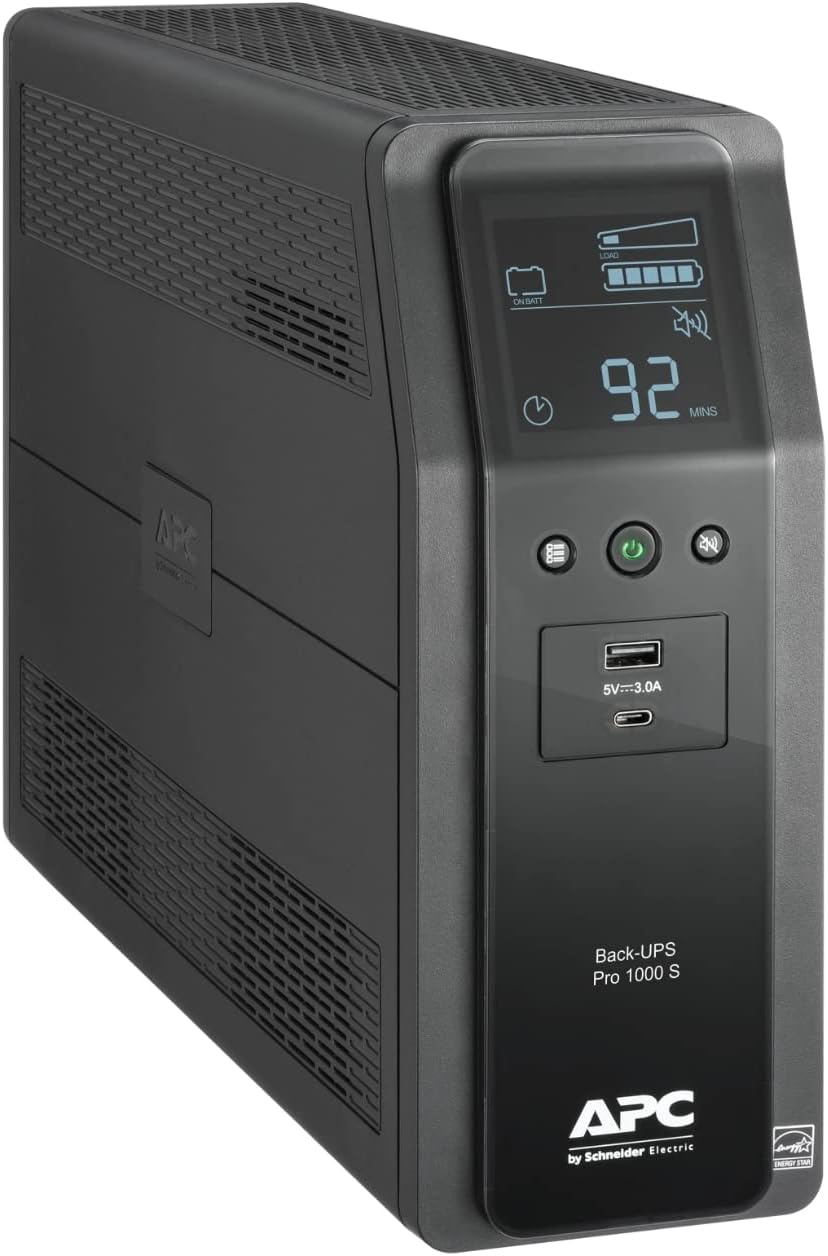 UPS Back-UPS Pro 1000VA Sinewave UPS, 600W Battery Backup & Surge Protector, AVR, 10 Outlets, LCD, USB-C & USB-A Charging Ports, BR1000MS Uninterruptible Power Supply for Computers, Electronics