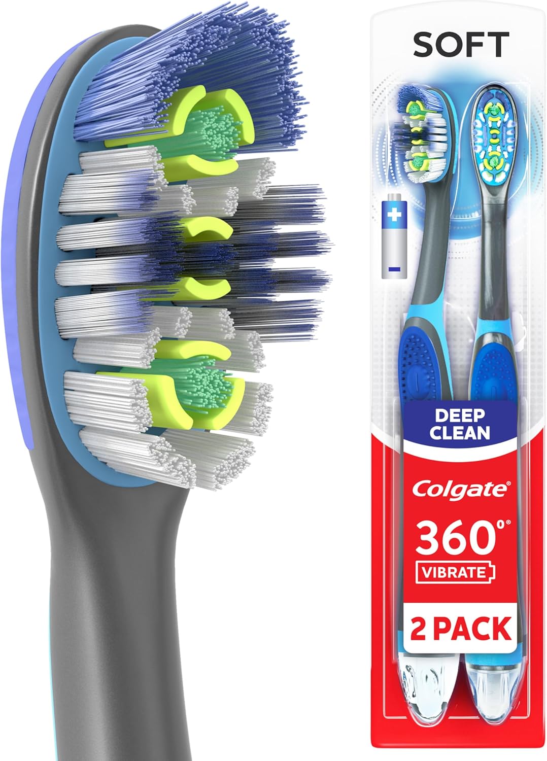 360 Vibrate Deep Clean Battery Operated Toothbrush Pack, Soft with 1 AAA Battery Included, 2 Count
