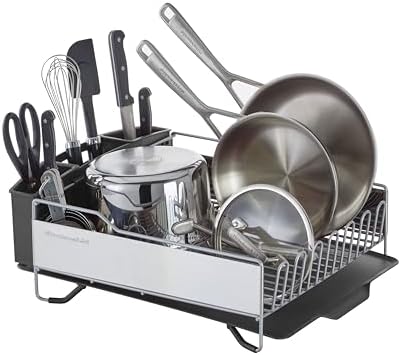 KitchenAid Large Capacity Full Size Rust Resistant Dish Rack with Angled Drain Board and Removable Flatware Caddy, Light Grey