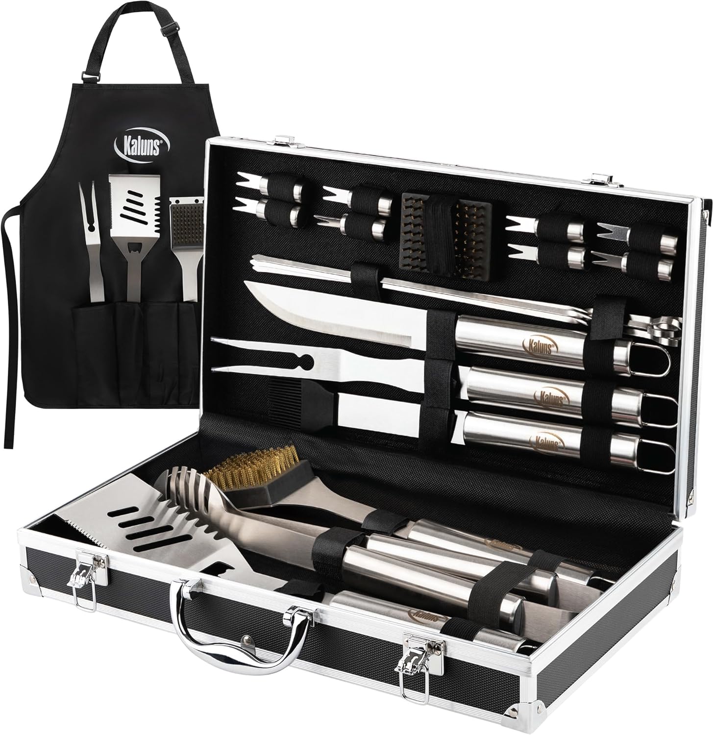 Grilling Accessories, Dad Gifts for Fathers Day, Mothers Day Grilling Gifts, Heavy Duty Stainless Steel BBQ Tool Set for Outdoor Grill with Aluminum Case and Apron, Birthday Gifts for Men