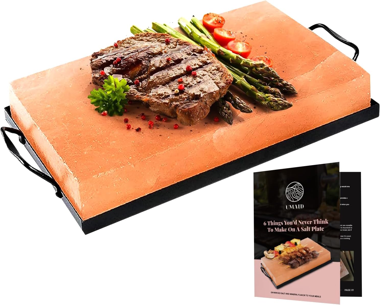 UMAID Himalayan Salt Block Cooking Plate 12x8x1.5 – Food Grade Pink Himalayan Salt Stone for Cooking, Grilling, Serving & Cutting, Unique Gifts for Men, Steel Tray & Grilling Recipe Booklet