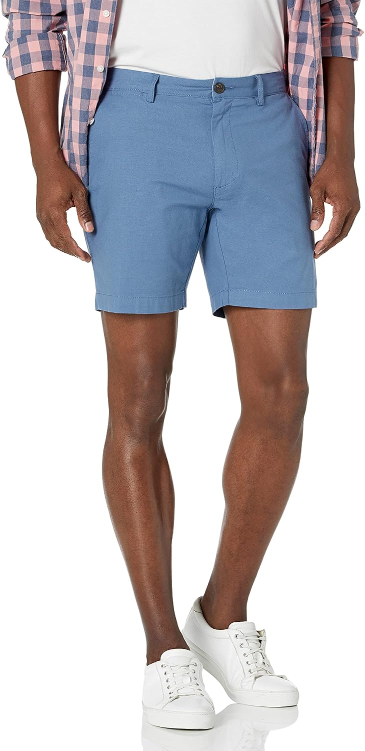 Amazon Essentials Men's Slim-Fit 7" Lightweight Comfort Stretch Oxford Shorts with Tapered Leg, Blue, 34