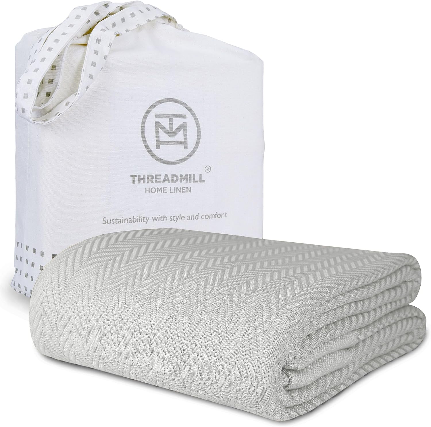 Luxury Cotton Blankets for King Size Bed | All-Season Cozy 100% Cotton King Size Blanket | Herringbone Soft Fall Thermal Blanket fits California King Size Bed | Light Grey