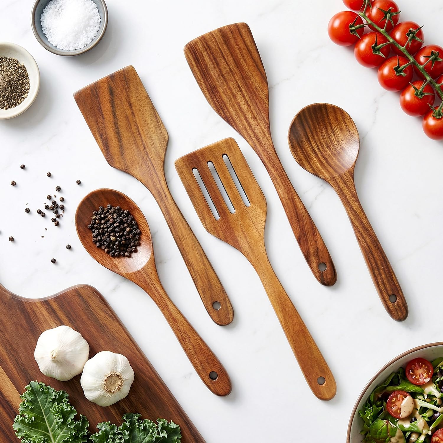 5 Pcs Best Wooden Spoons for Cooking Kitchen Utensils Set Acacia Wood Cooking Spatula Turner Non Toxic Utensil Slotted Serving Spoon Flat Spatulas Set Wooden Utensis Mixing Cooking Spoon Kitchen Tools