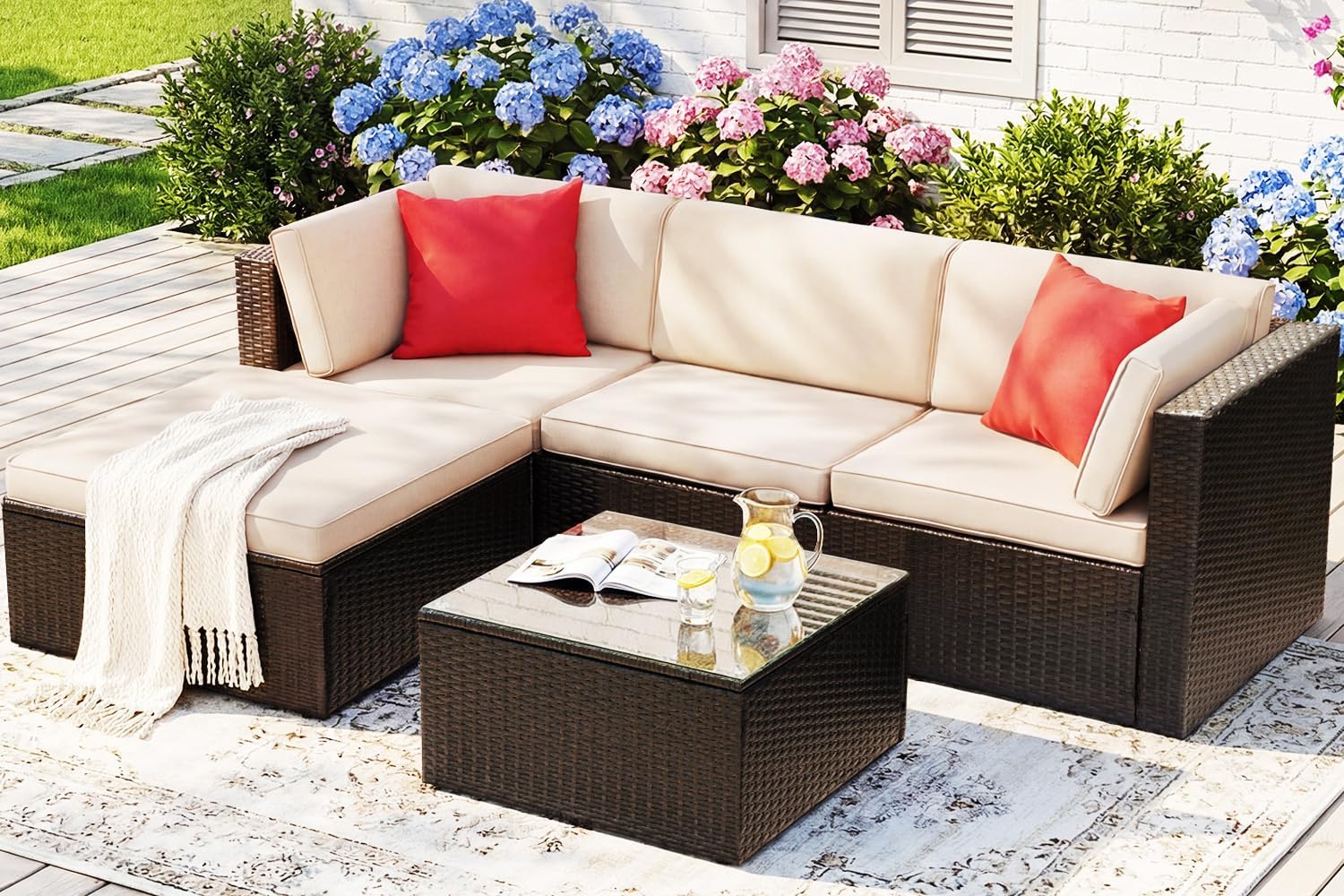 5 Pieces Patio Furniture Sets All Weather Outdoor Sectional Patio Sofa Manual Weaving Wicker Rattan Patio Seating Sofas with Cushion and Glass Table (Beige)