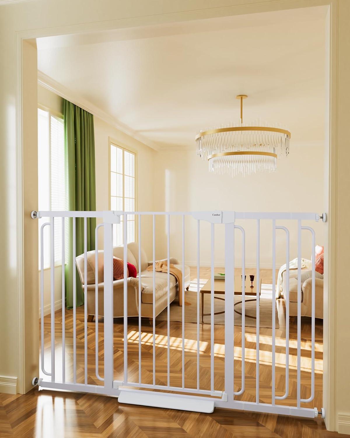 Cumbor 29.7-46" Baby Gate for Stairs, Toddler Safety Essentials for The House, Auto Close Dog Gate for Doorways, Mom's Choice Awards Winner-Easy Install Pressure Mounted Pet Gates for Dogs, White