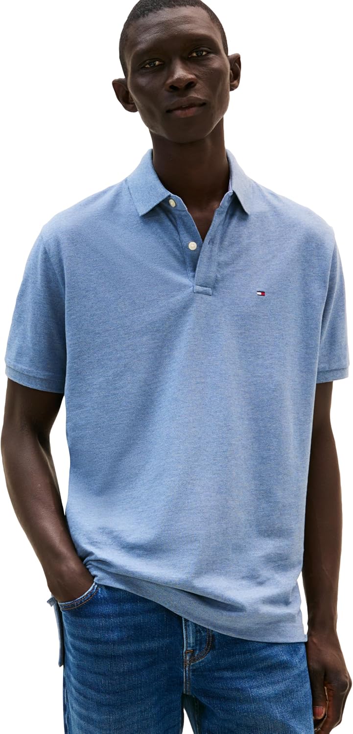 Tommy Hilfiger Men's Short Sleeve Polo Shirt in Classic Fit, Medium Chambray Large