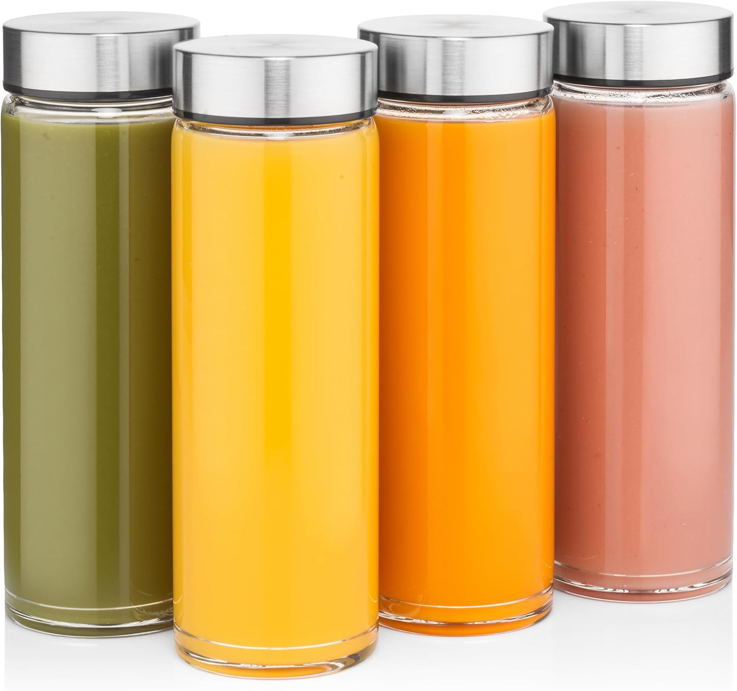 Juice Bottles - 4 Pack Wide Mouth Glass Bottles with Lids - for Juicing, Smoothies, Infused Water, Beverage Storage - 16oz, BPA Free, Stainless Steel Lids, Leakproof, Reusable, Borosilicate