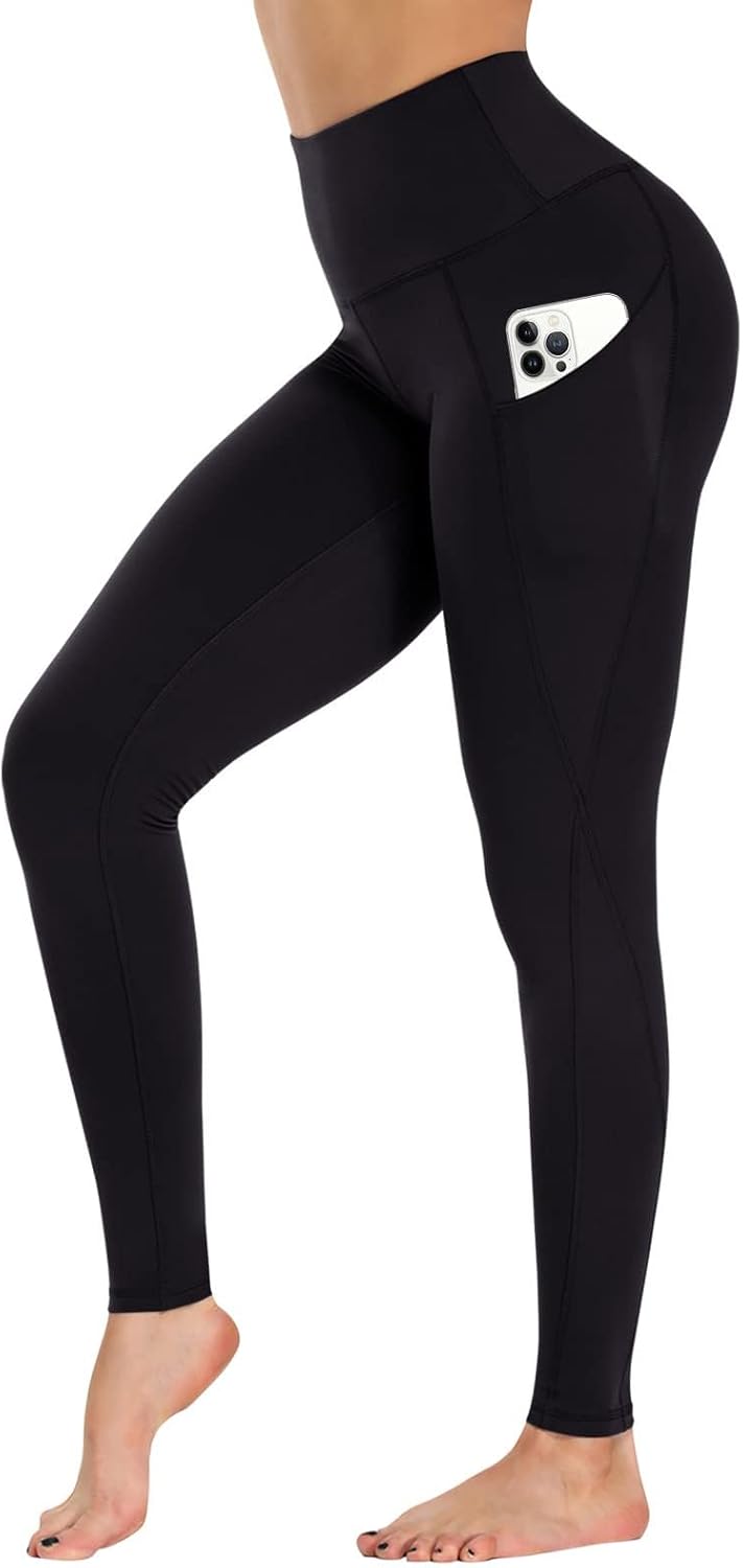 Leggings with Pockets for Women - 19" / 25" Yoga Pants High Waist Tummy Control Compression for Workout Black