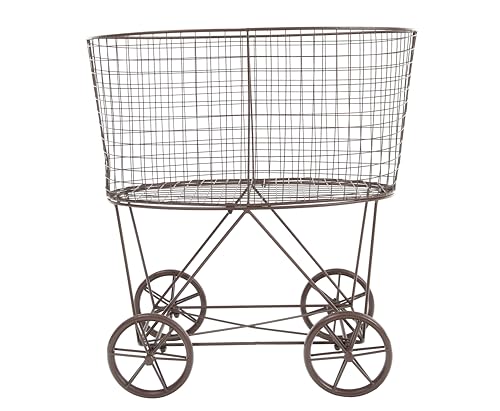 Vintage Reproduction Metal Laundry Basket on Wheels, Rust
