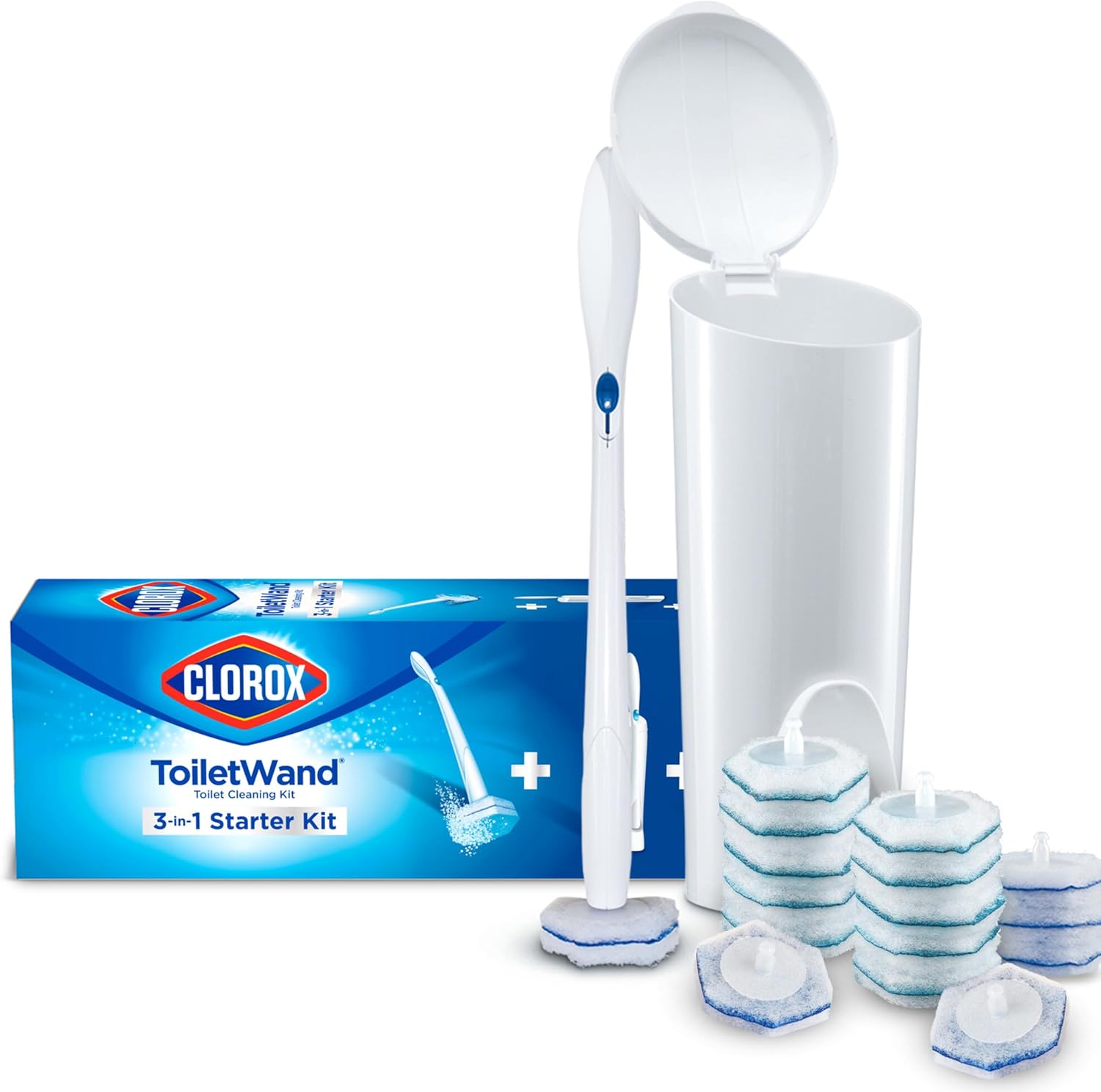 Clorox ToiletWand Disposable Toilet Cleaning System, Spring Cleaning Essential, ToiletWand, Storage Caddy, and 16 Disinfecting ToiletWand Scrubbing Pad Refills