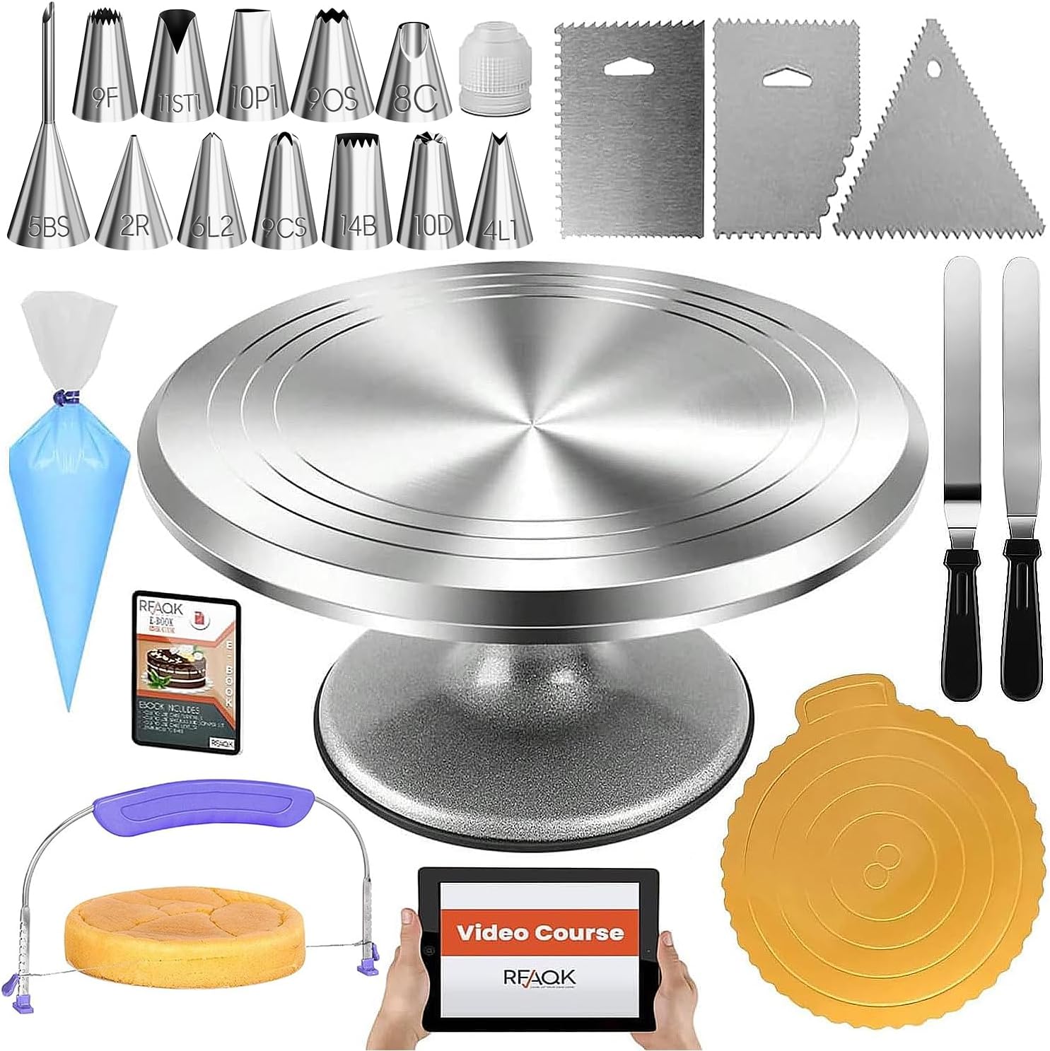 50PCs Cake Decorating Supplies Kit with 12" Aluminum Rotating Cake Turntable Stand, Professional Leveler, Straight & Offset Spatulas, 12 Numbered Icing Tips & Bags