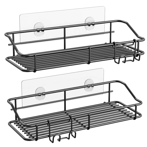 Nieifi Shower Caddy Adhesive, Shower Shelves, Shampoo Holder for Bathroom | Stainless steel, 2 pack, shower rack, shower organization, with hooks, rustproof, no drilling, razor holder, black