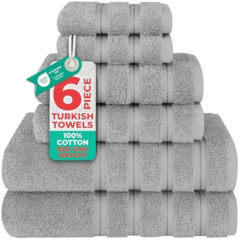 American Soft Linen Luxury 6 Piece Towel Set, 2 Bath Towels 2 Hand Towel 2 Washcloths, 600 GSM 100% Cotton Turkish Towels for Bathroom, Light Grey Towel Sets