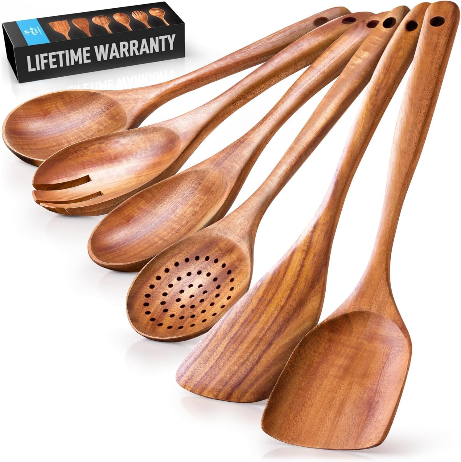 Zulay Kitchen 6-Piece Wooden Cooking Spoons Set – Heat-Resistant, Smooth Teak Utensils with Comfort Grip – Lightweight & Durable – Easy to Clean, Perfect for Non-Stick Cookware