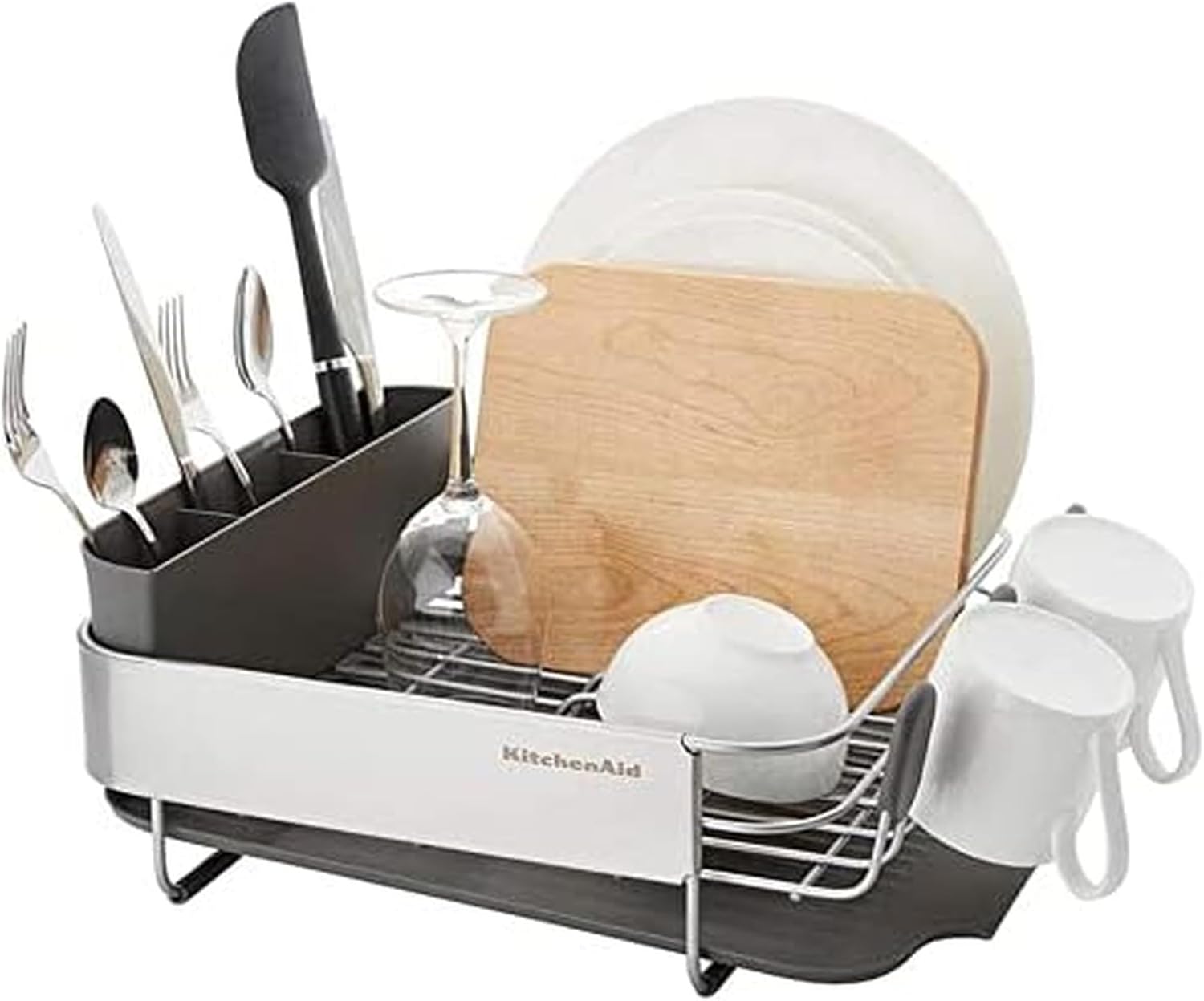 Compact, Space Saving Rust Resistant Dish Rack, with Angled Self Draining Drain Board and Removable Flatware Caddy, 16.06-Inch, Gray