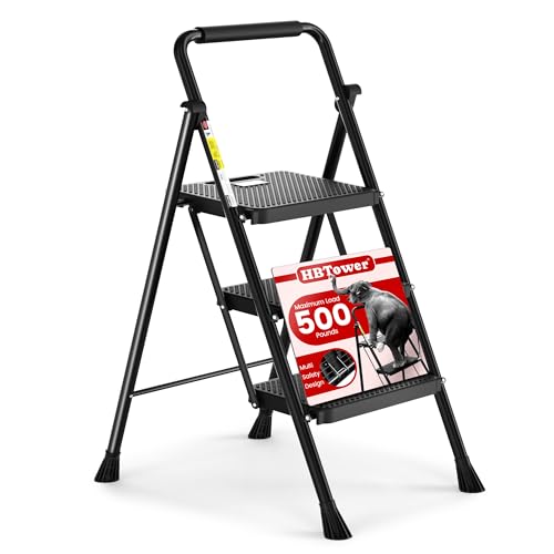 HBTower Step Ladder, Folding Step Stool with Wide Anti-Slip Pedal | Sturdy Steel Ladder, Convenient Handrail, Lightweight, Portable Steel Step Stool