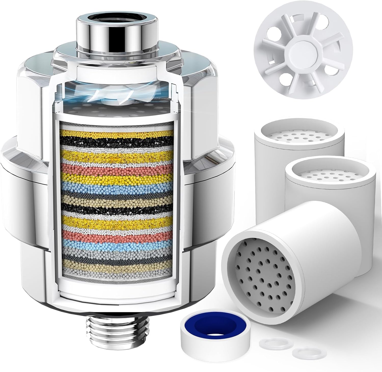 SR SUN RISE 20-Stage Shower Filter-Shower Head Filter for Hard Water, with 3 Replaceable Cartridges, High Output Shower Water Filter for Removing Chlorine and fluoride, Polished Chrome