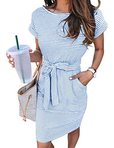 MEROKEETY Women's Summer Short Sleeve Casual T Shirt Dress, Blue, L | Striped, Tie Waist, Crew Neck, Work Vacation Beach, Trendy Fashion Cute Short Dresses