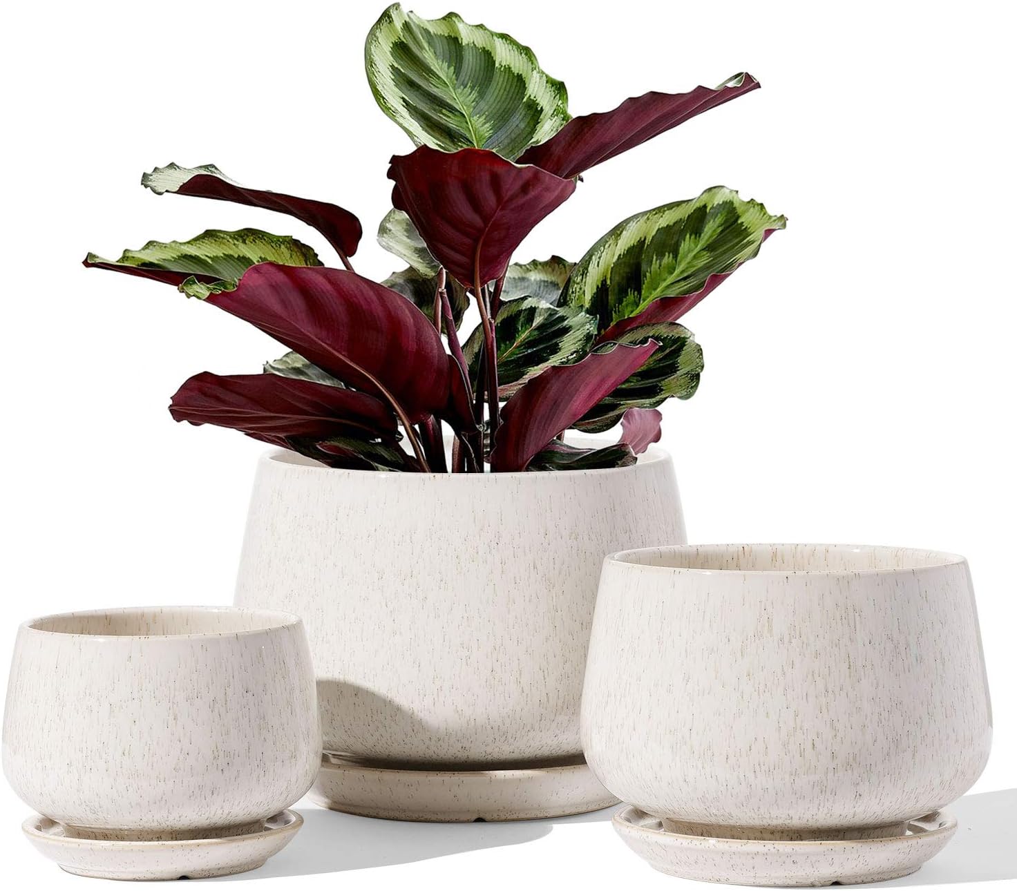 Plant Pots, 4.1+5.1+6.5 inch, Set of 3, Ceramic Planters with Drainage Hole and Saucer, Indoor Flower Pot with Hole Mesh Pad, Gifts for Mom, Reactive Glaze Beige
