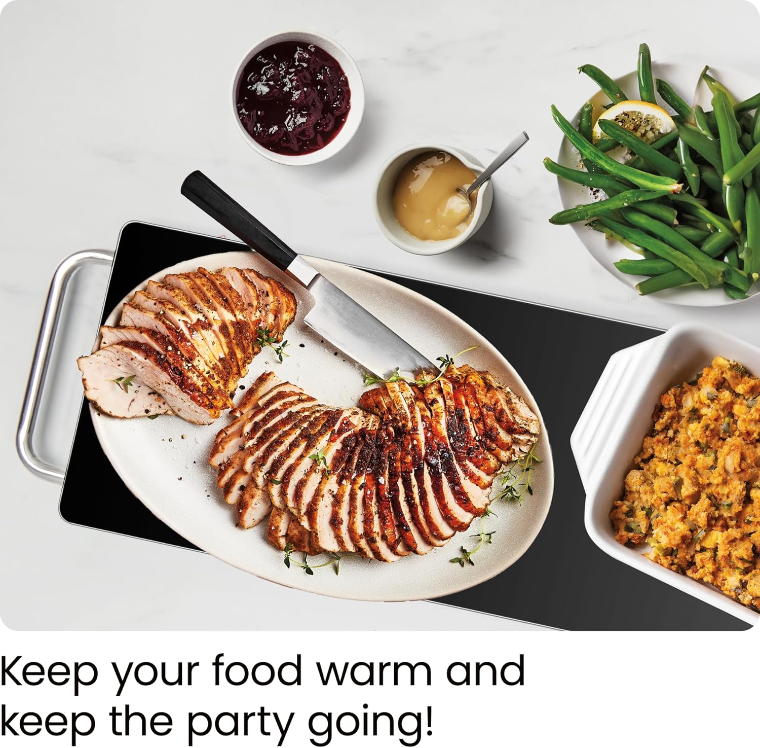 Long Electric Warming Plate Heating Element, Prep Food for Parties, Stainless Steel Frame & Tempered Glass Surface, Buffet at Home, for Trays & Dishes, Cool-Touch Handles, Black