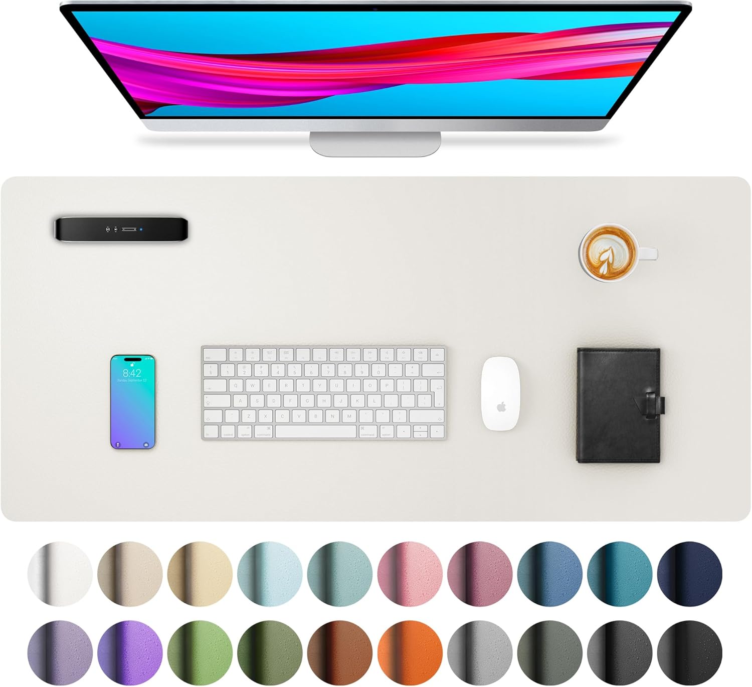 Leather Desk Pad Protector, Mouse Pad, Office Desk Mat, Non-Slip PU Leather Desk Blotter, Laptop Desk Pad, Waterproof Desk Writing Pad for Office and Home (23.6" x 13.7", Off-White)