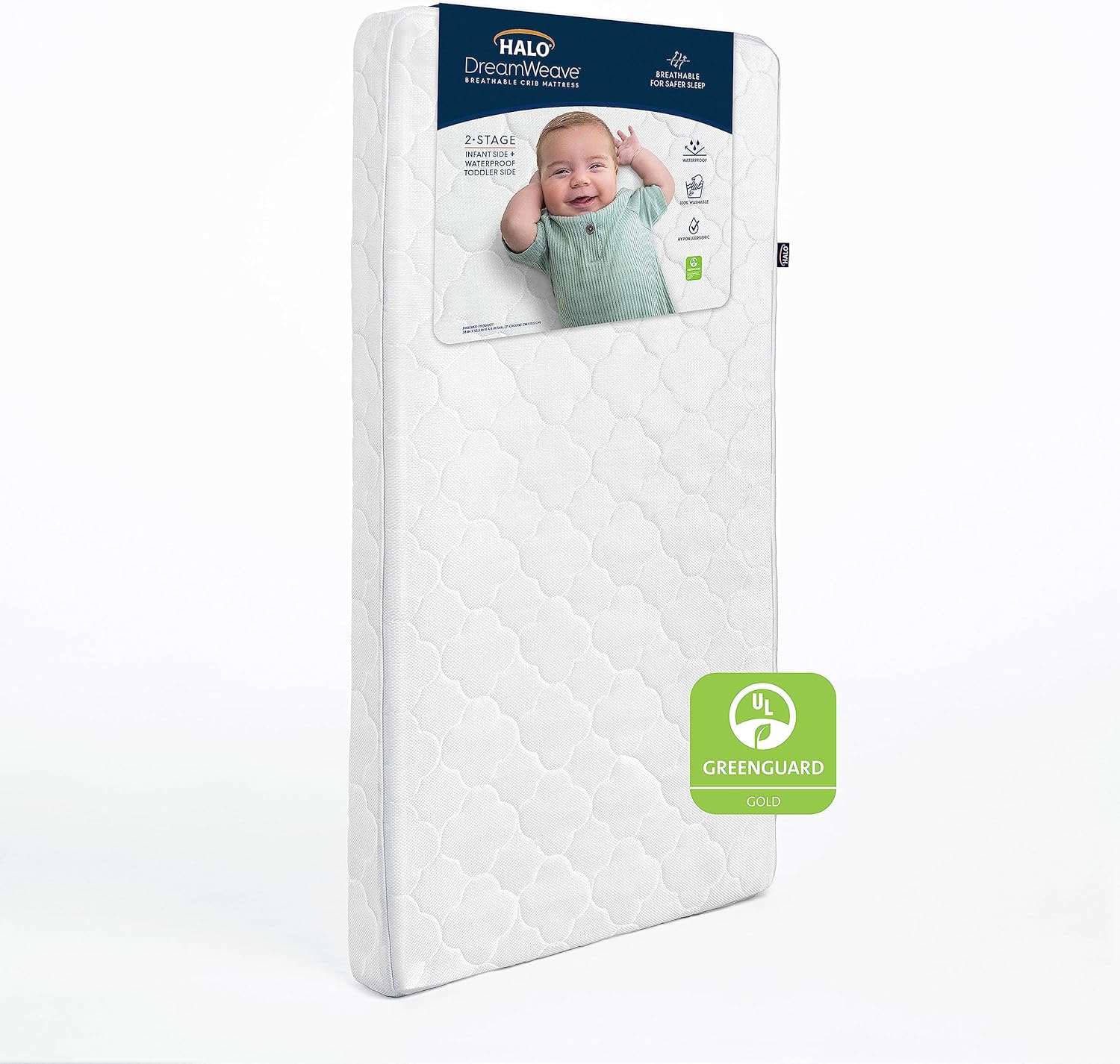 HALO DreamWeave Crib & Toddler Mattress - 100% Breathable Mattress and Core, Dual Sided 2-Stage Design, Machine Washable Cover, Hypoallergenic, Open Strand Polymer Core, Greenguard Cert.