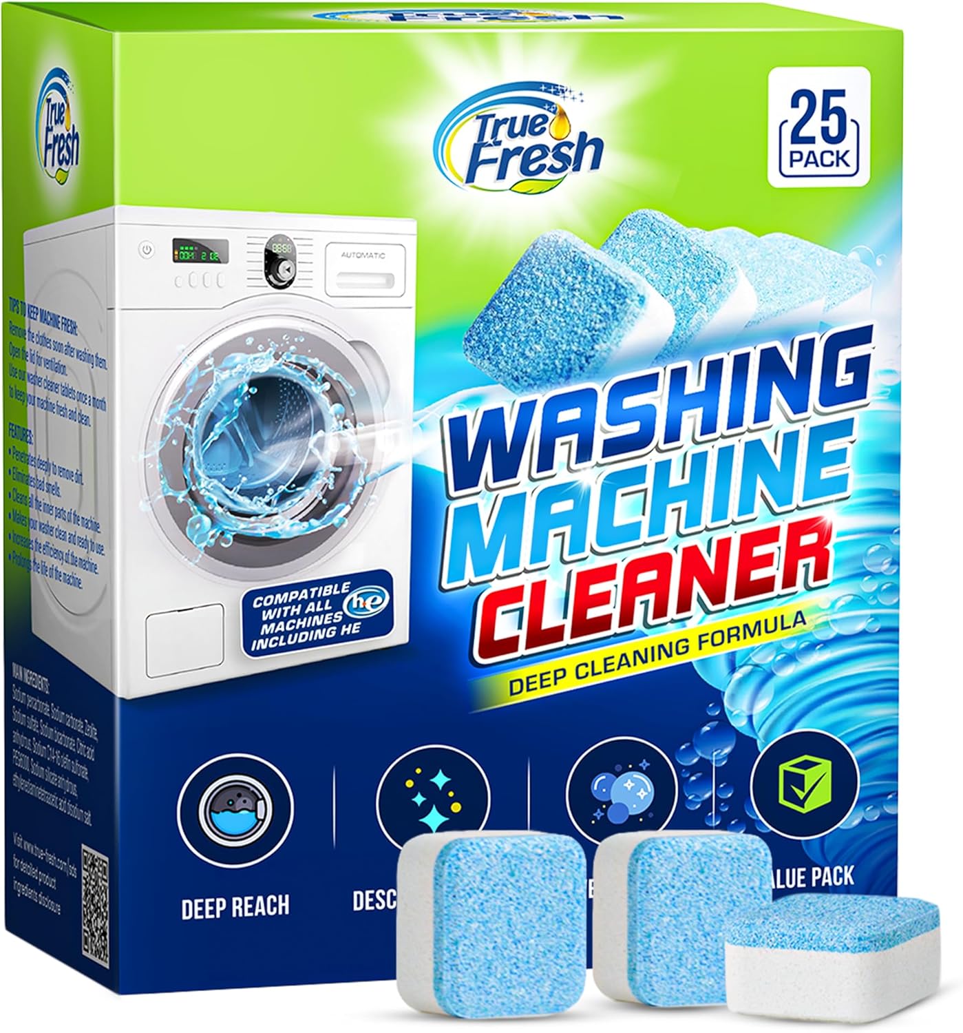 Washing Machine Cleaner Tablets 25 Pack – Rinses Away Pet Hair Trapped by Residue & Buildup, Compatible with Front Load, Top Load & HE Washers, Reaches Drum, Seal, Hoses & Pipes for Deep cleaning
