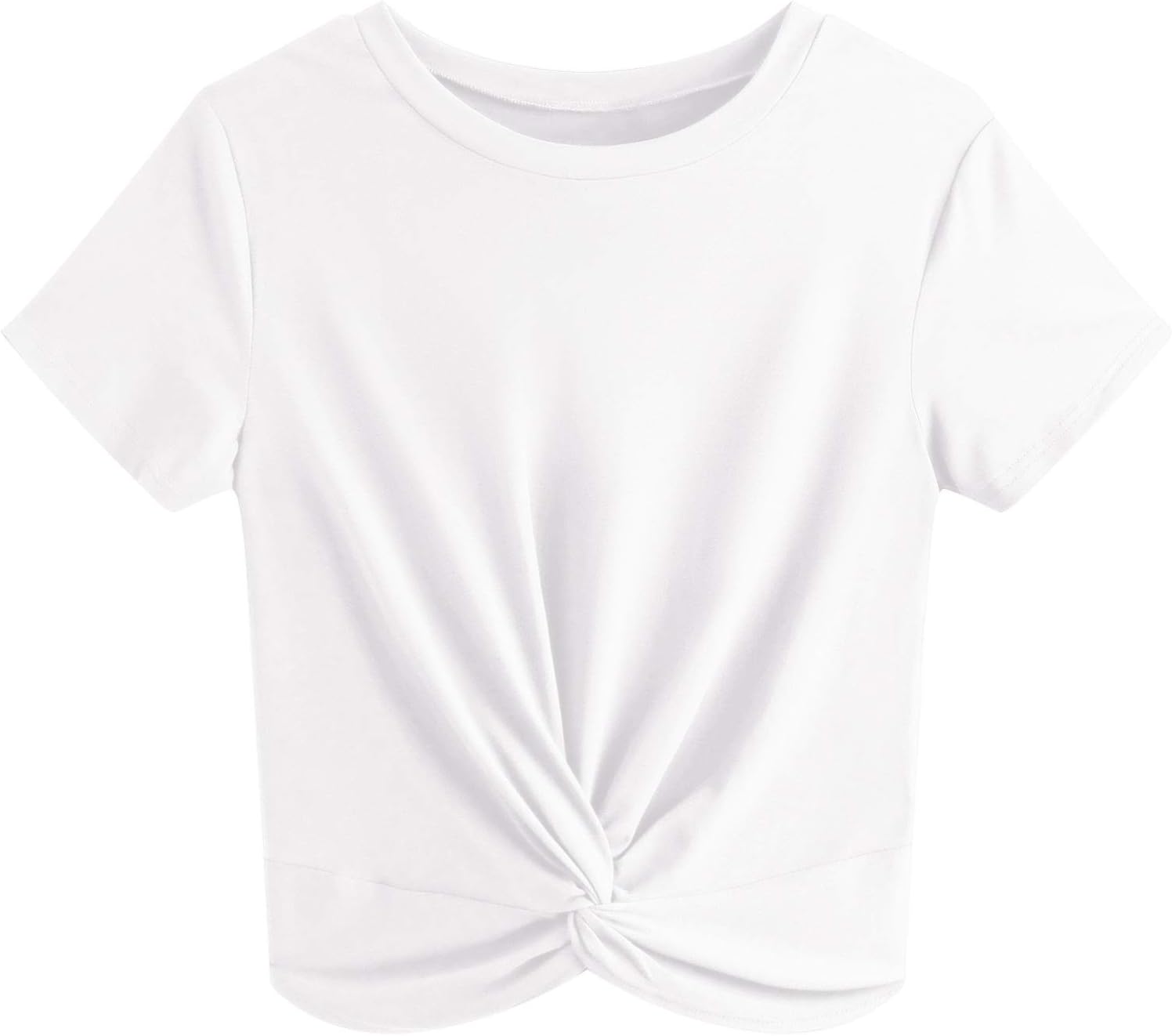Women's Summer Causal Short Sleeve Blouse Round Neck Crop Tops Twist Front Tee T-Shirt White-Medium