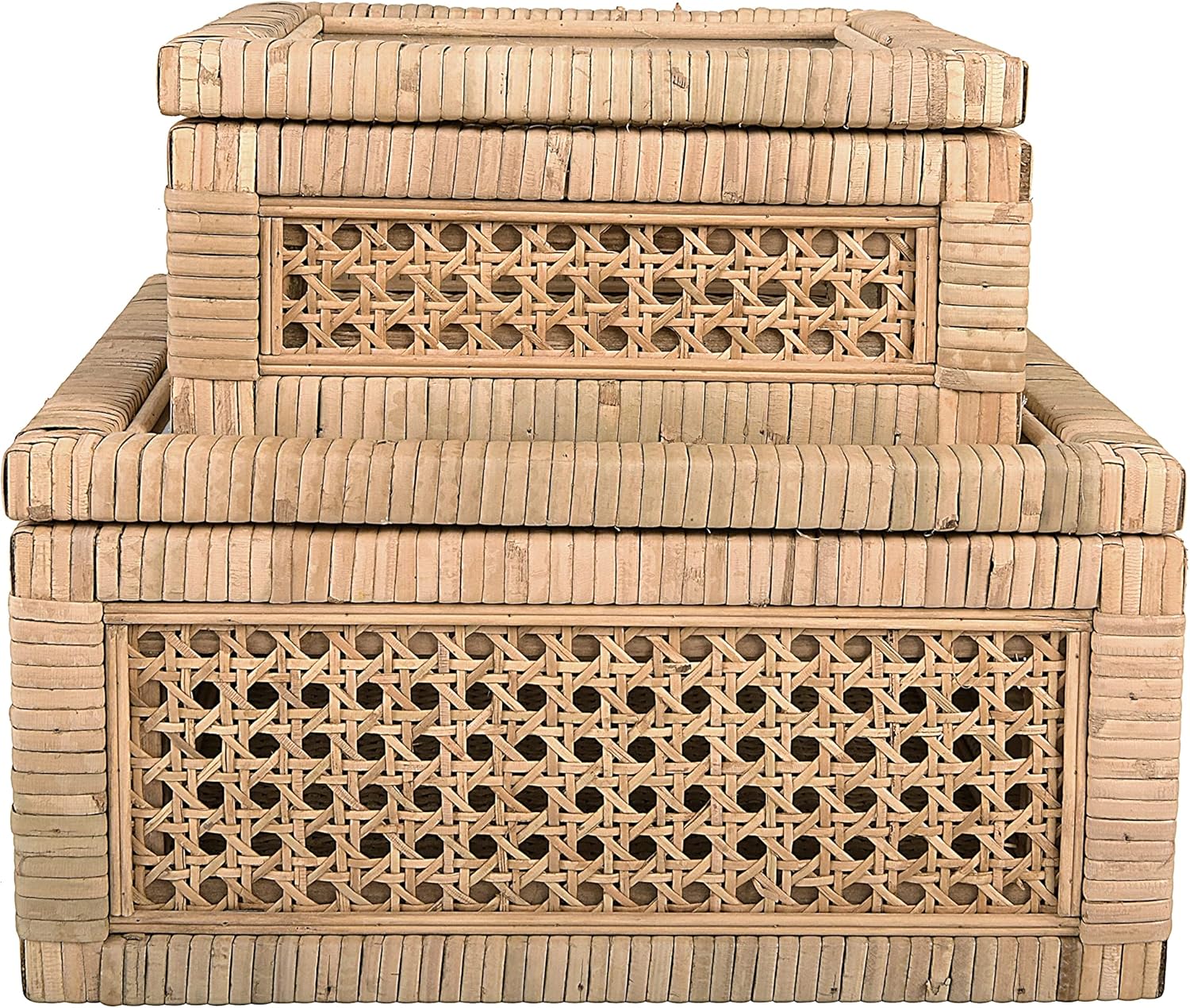 Creative Co-Op Modern Decorative Square Woven Rattan and Wood Display Boxes with Glass Top, Set of 2 Sizes, Natural Finish