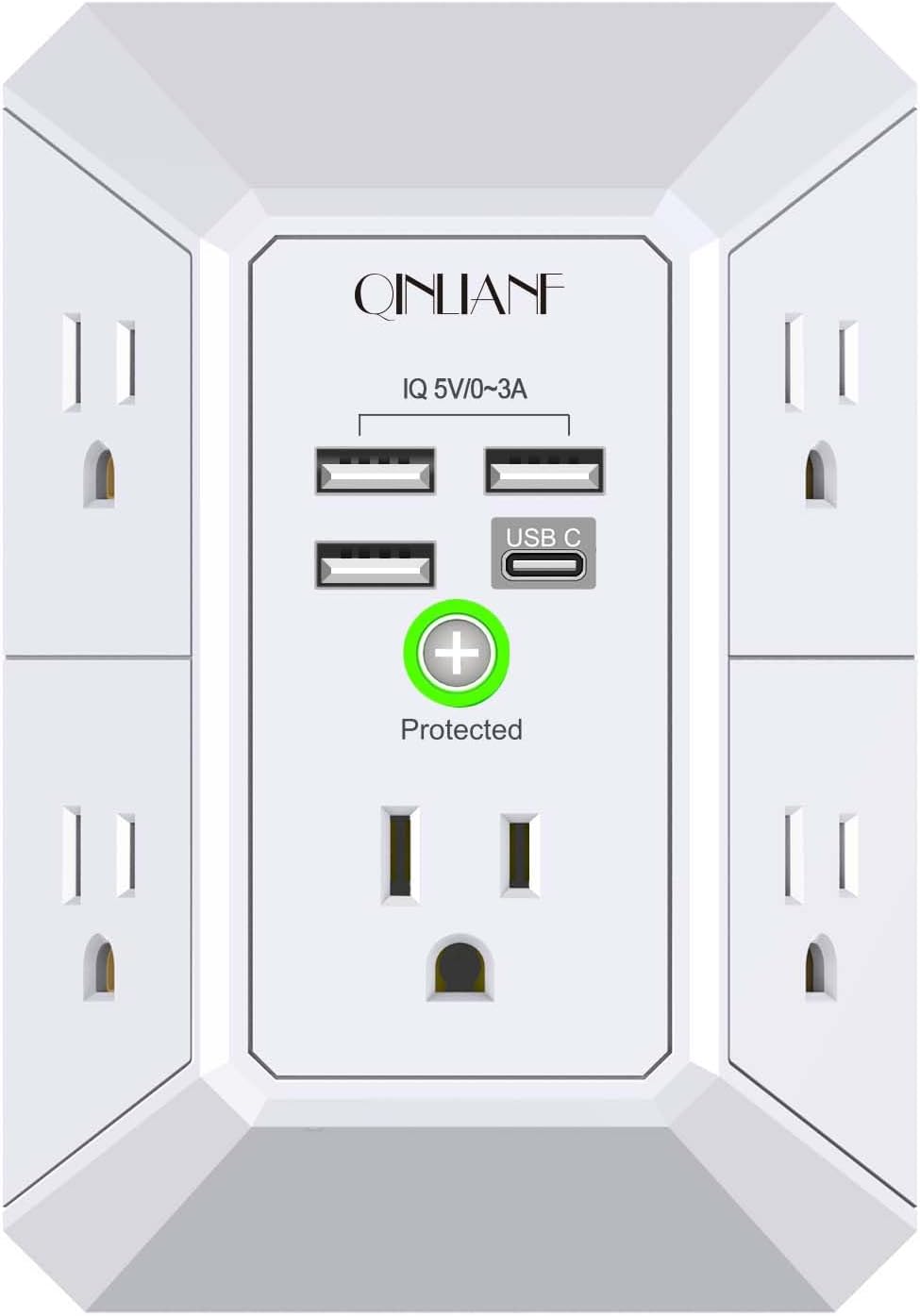 Wall Charger, Surge Protector, QINLIANF 5 Outlet Extender with 4 USB Charging Ports, 3-Sided 1680J Power Strip Multi Plug Adapter Spaced for Home Travel Office